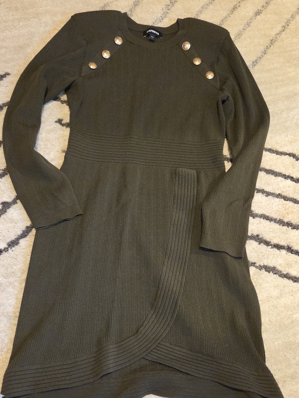Express Olive Green Ribbed Long-Sleeve Dress with Gold Buttons